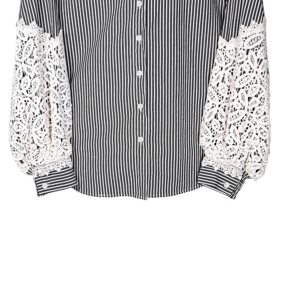 Chico's Womens Shirt Button Up Gray White Striped Lace Stretch Blouse Top 1.5/10 - Picture 5 of 8